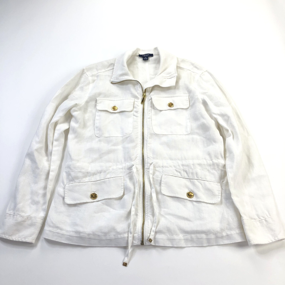 Chaps Womens Linen Jacket Small White Long Sleeve Full Zip Pocket Drawstring